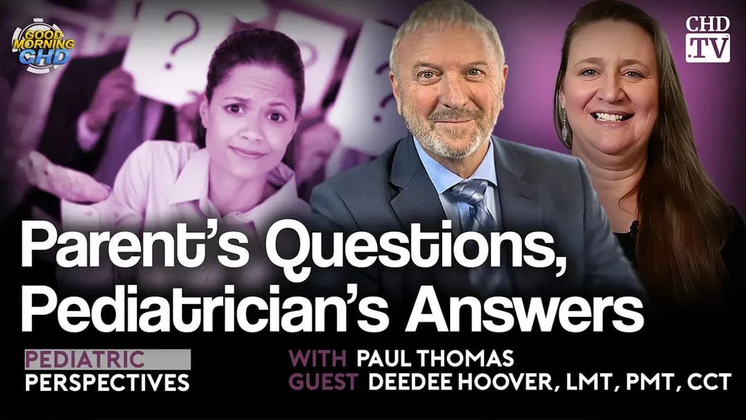 Dr. Paul Thomas and DeeDee Hoover in conversation discussing pediatric health questions during a recorded episode of With the Wind with Dr. Paul, addressing why viral infections persist and when antibiotics are necessary for children.